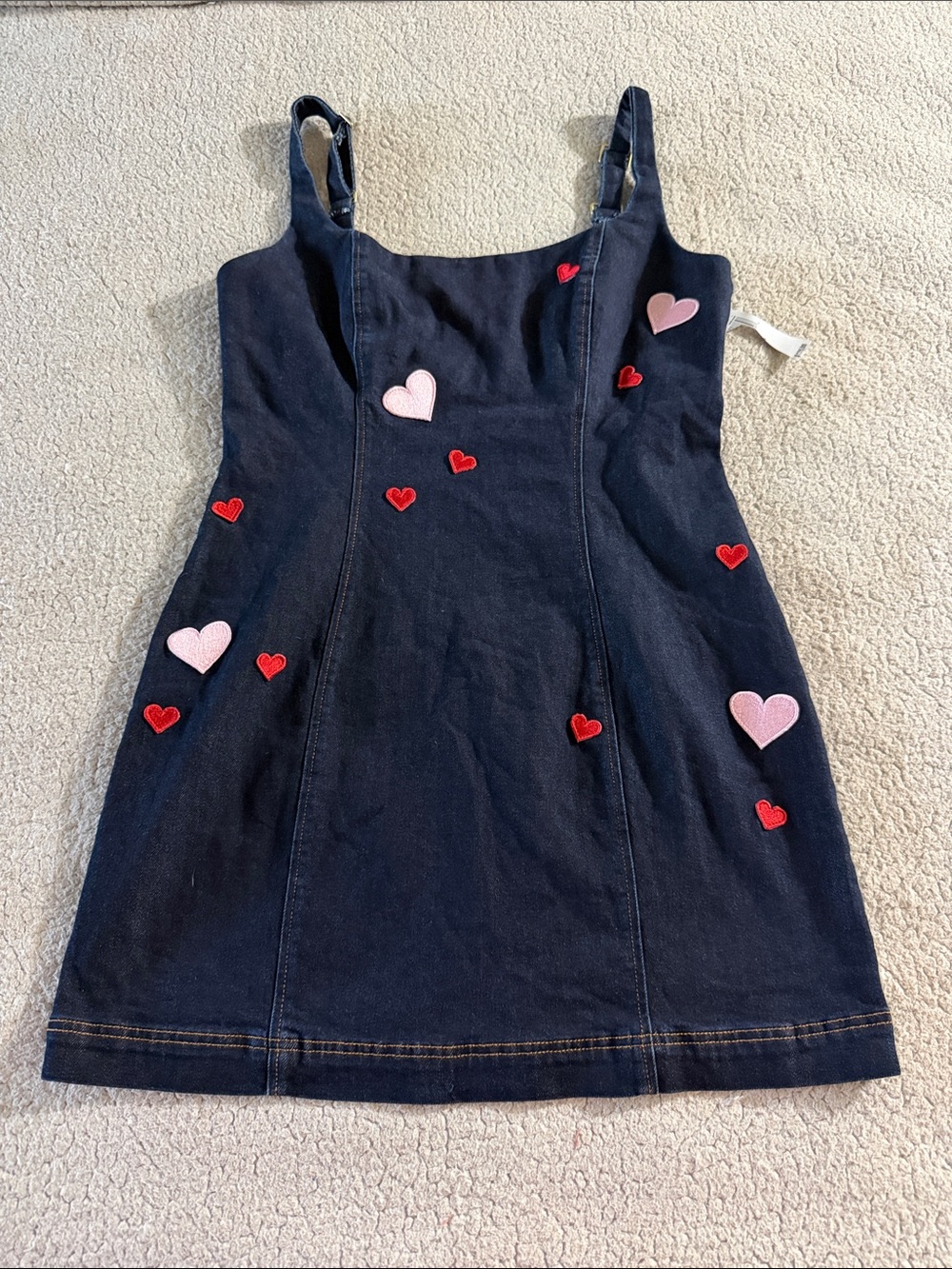Avec Les Filles Dark Blue Denim Mini Dress with Pink & Red Heart Accents Size 14 - Picture 3 of 9